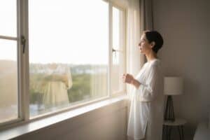 El coaching como filosofía de vida: una mujer mira por la ventana en actitud reflexiva y serena