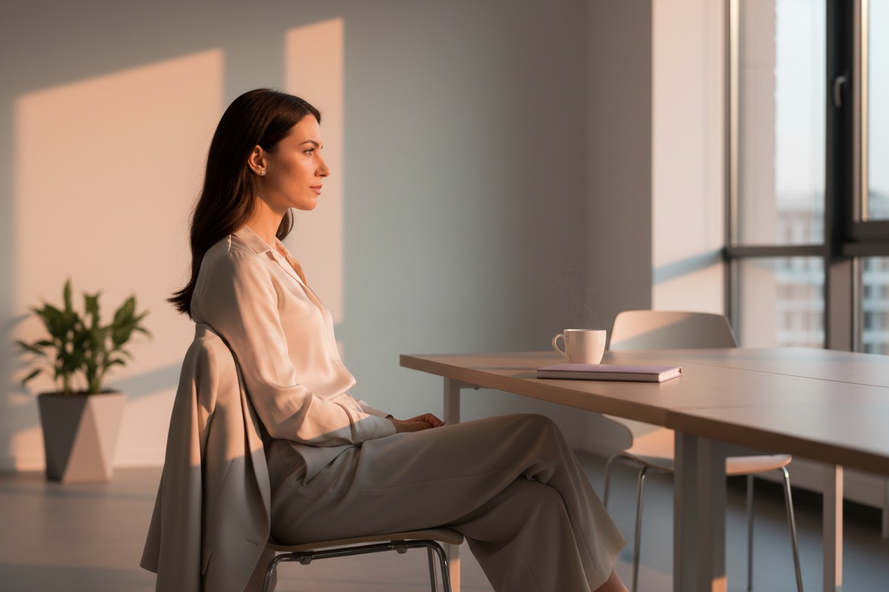 Profesional adulta en un momento de reflexión en su entorno de trabajo, representando las competencias emocionales aplicadas a la vida profesional