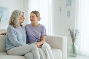 Madre e hija adulta conversando con cercanía, imagen del coaching indirecto para padres, hijas, hijos